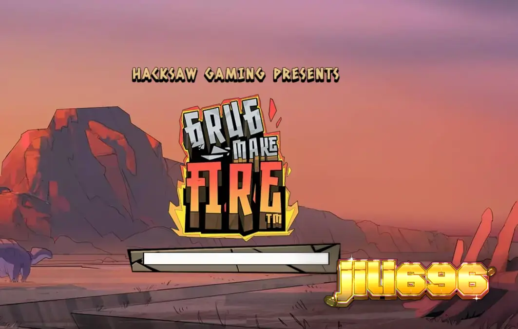 Homem das cavernas Grug em um cenário pré-histórico flamejante no slot Grug Make Fire