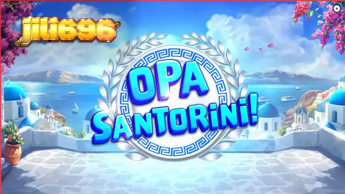 Vista panorâmica de Santorini com o logo do slot Opa Santorini! em destaque